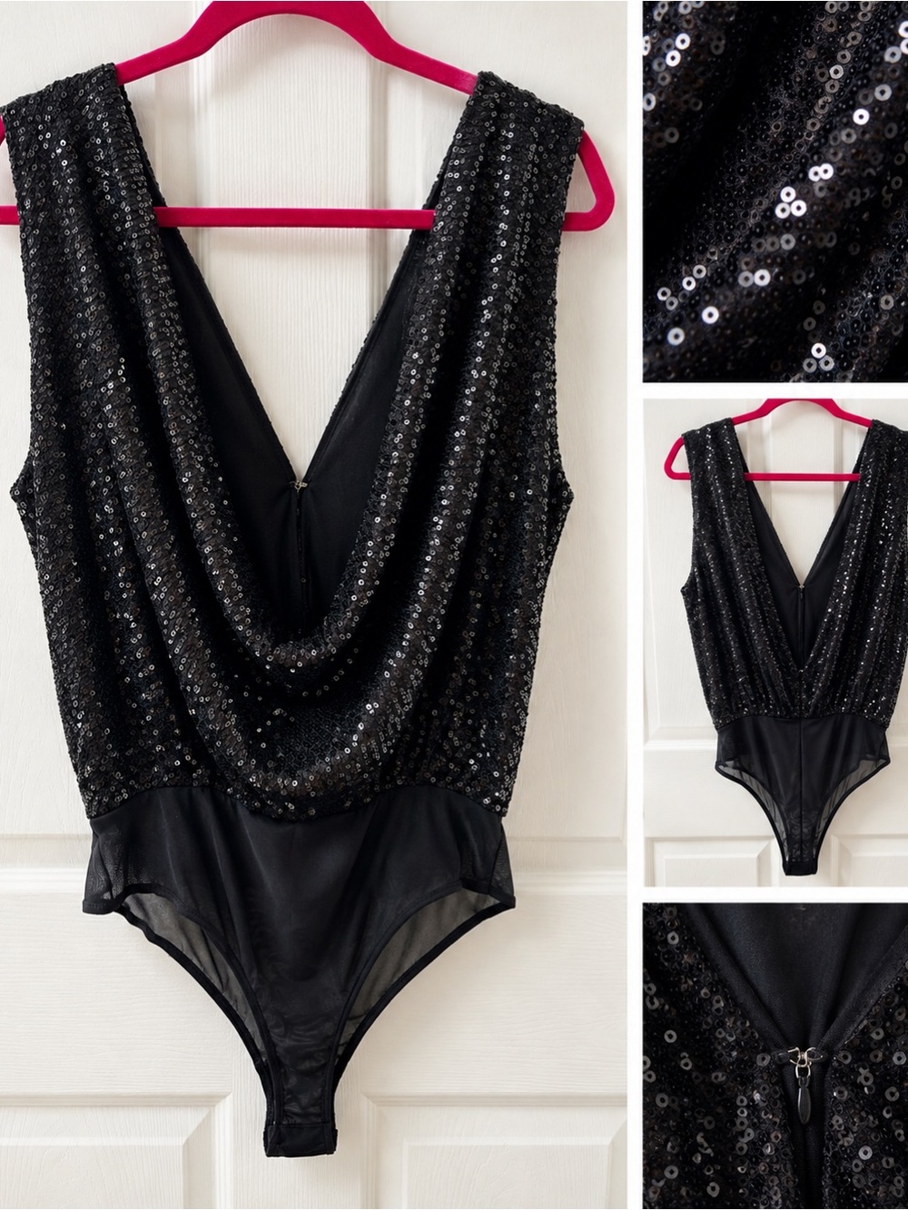 Black Sequin Draped V-Back Bodysuit